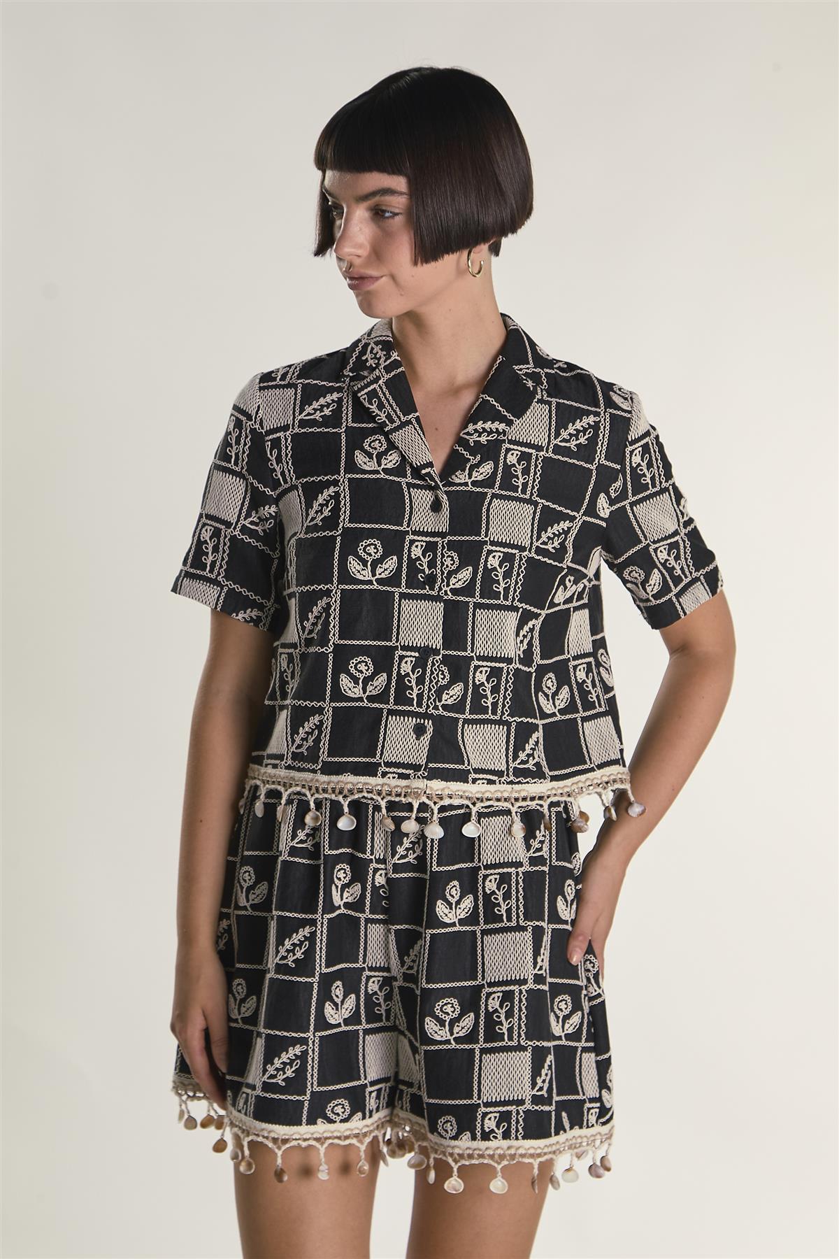 Black Embroidered Shell Detail Shirt