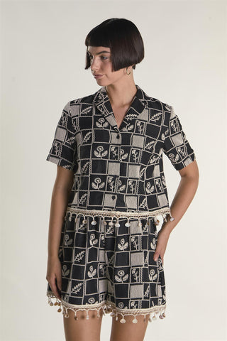 Black Embroidered Shell Detail Shirt
