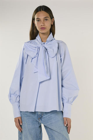Blue Micro Check Raglan Volume Sleeve Blouse