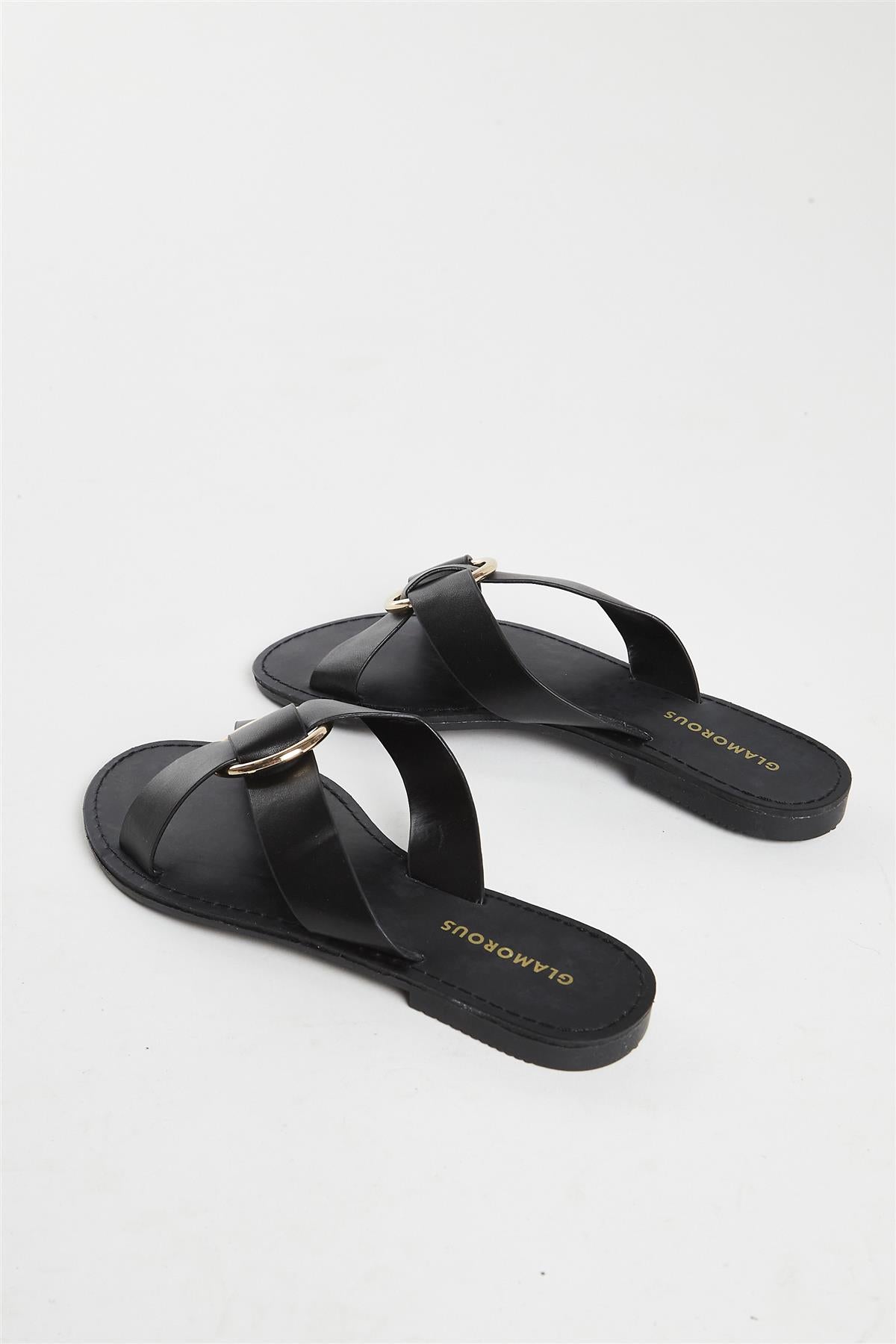 Black PU Flat Sandals