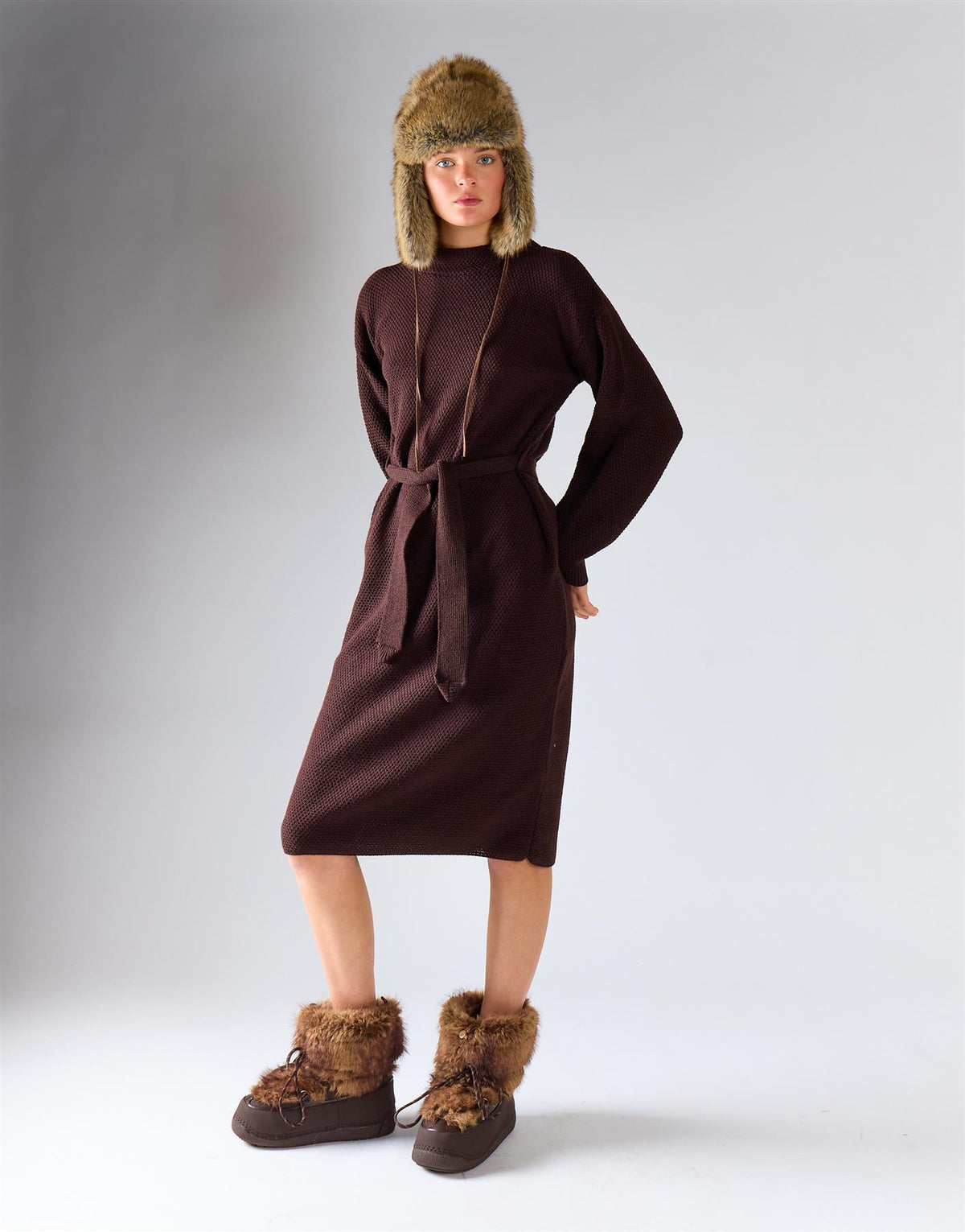 Walnut Belted Long-Sleeves Knit Midi Dress