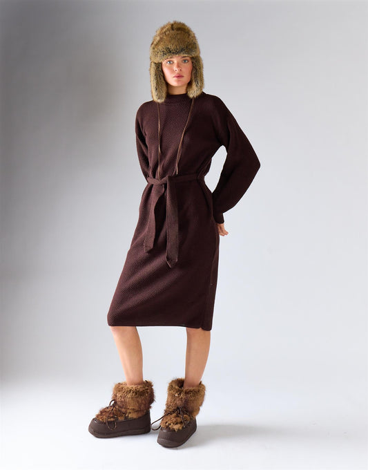 Walnut Belted Long-Sleeves Knit Midi Dress