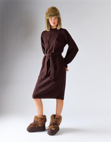 Walnut Belted Long-Sleeves Knit Midi Dress