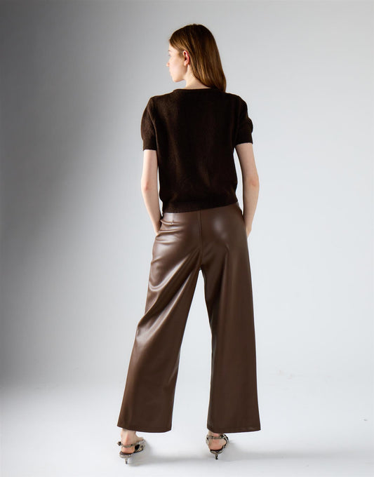 Brown Pu Straight Leg Trousers