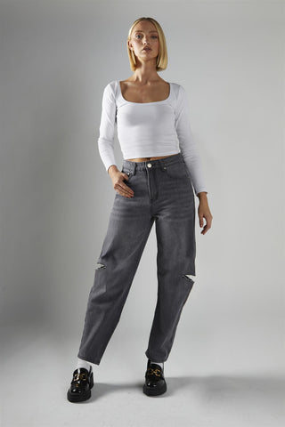 Dark Grey Wash Ripped Straight Jeans