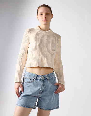 High Waist Rigid Denim Shorts - Mid Blue