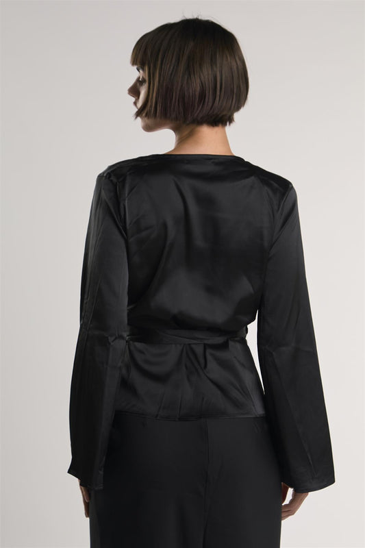 Black-Sateen Long Sleeve Wrap Top