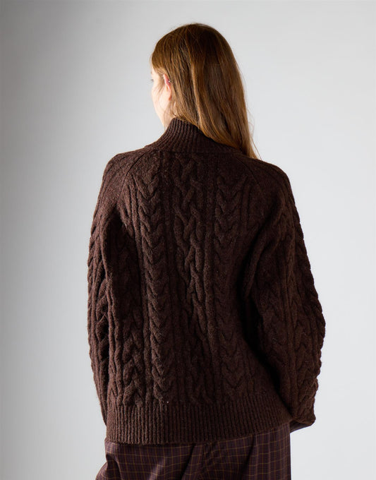 Dark Brown Marl Cable Knit Quarter Zip Jumper