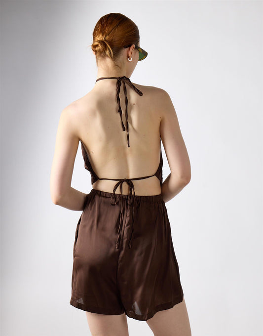 Brown Open Tie Back Halter Playsuit