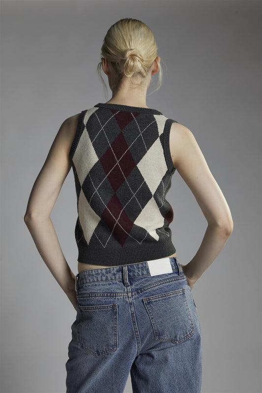 Charcoal-Argyle Button-Front-Vest Crop-Top