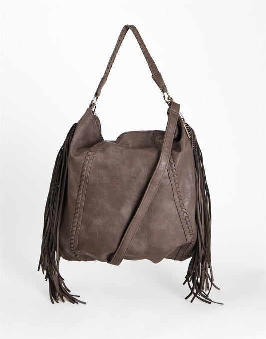Brown Fringe Whipstitch Hobo Bag