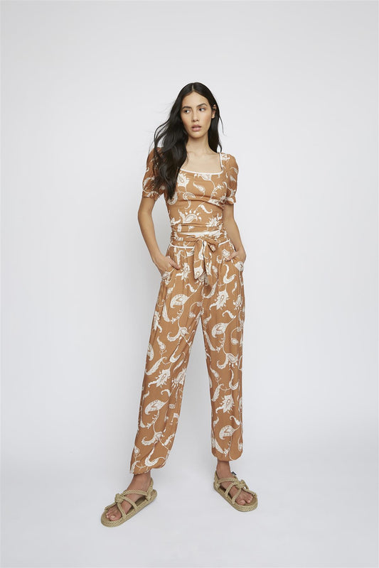 Brown-Paisley Tie-Back Crop-Top