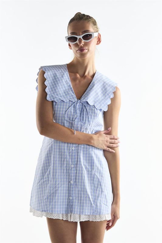 Blue Grid Check Button Front Mini Dress