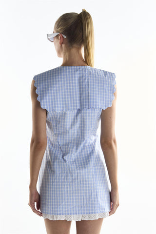 Blue Grid Check Button Front Mini Dress