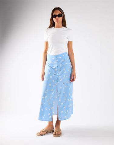 Blue Spaced Floral Button-Up Maxi Skirt