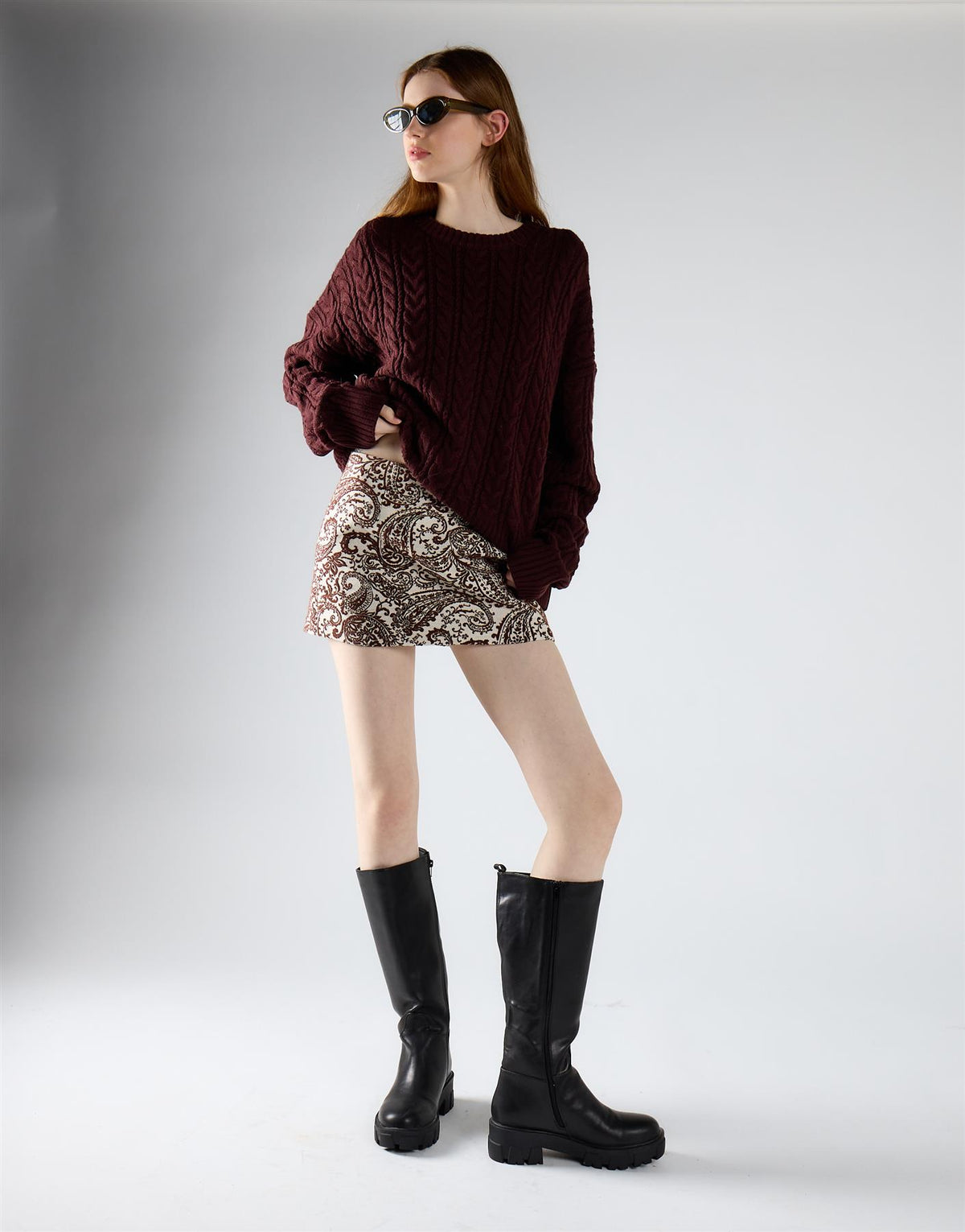 White Brown Paisley Retro A-Line Mini Skirt
