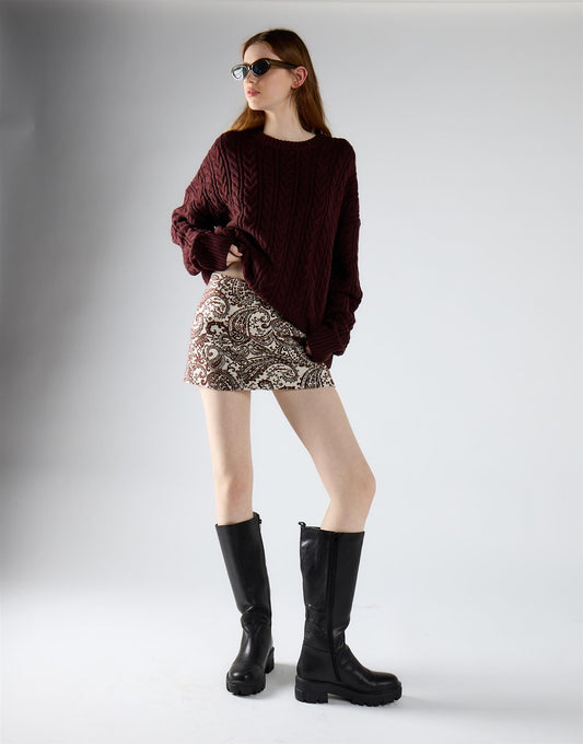 White Brown Paisley Retro A-Line Mini Skirt