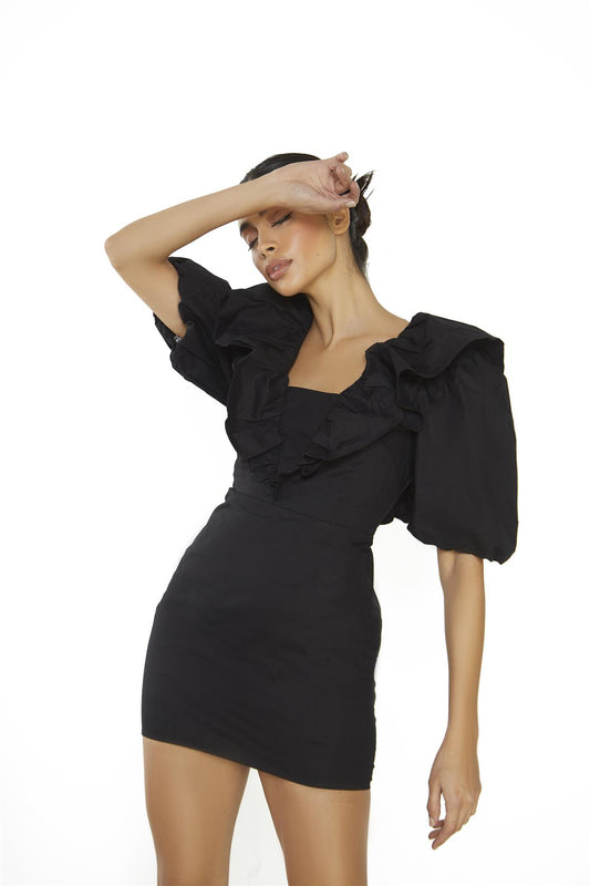 Black Ruffle Puff Shoulder Mini Dress