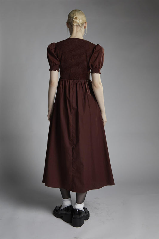 Burgundy Short-Puff-Sleeve-Tie-Front Maxi-Dress