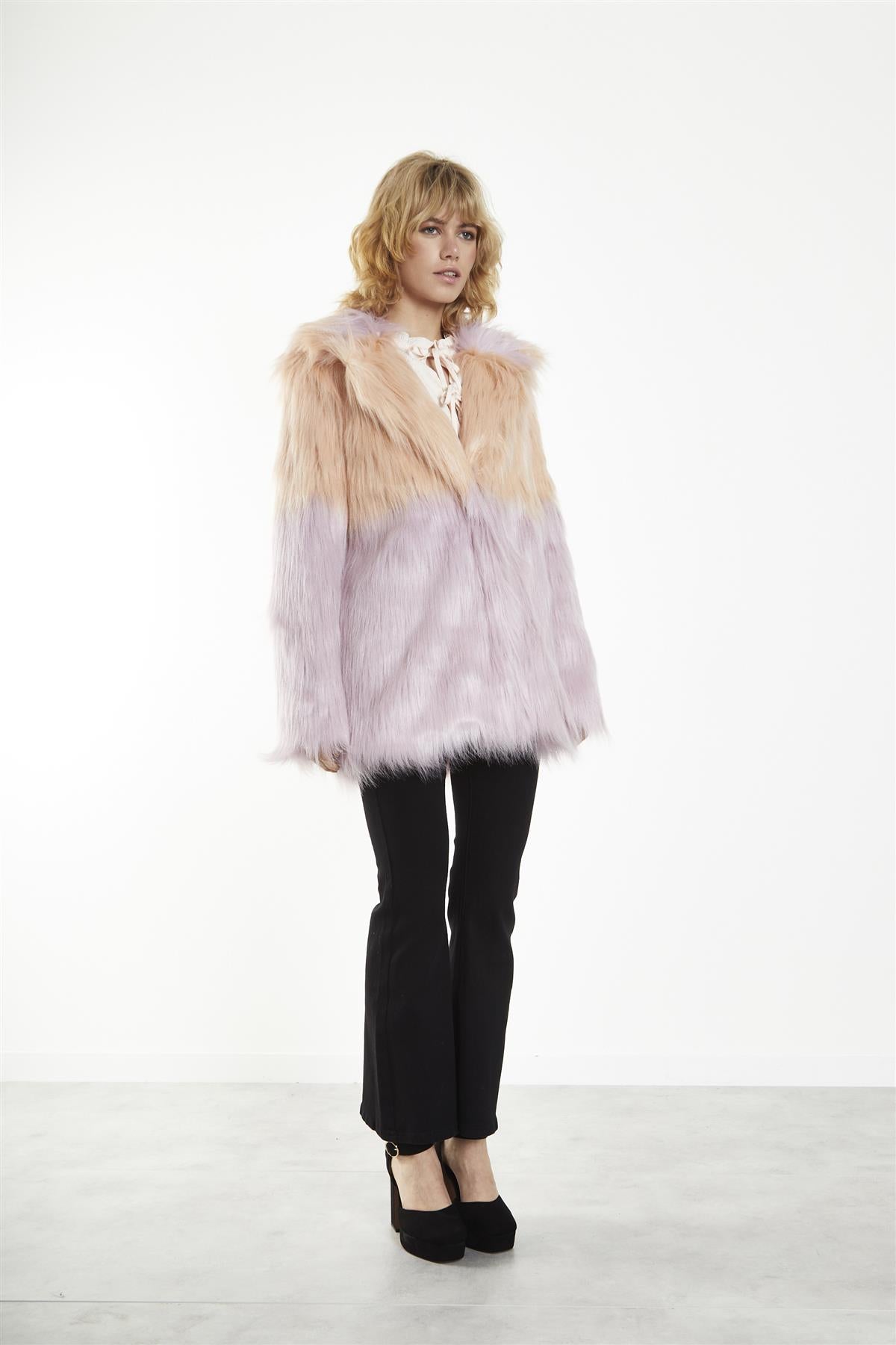 Collared Faux Fur Coat - Pastel Ombre