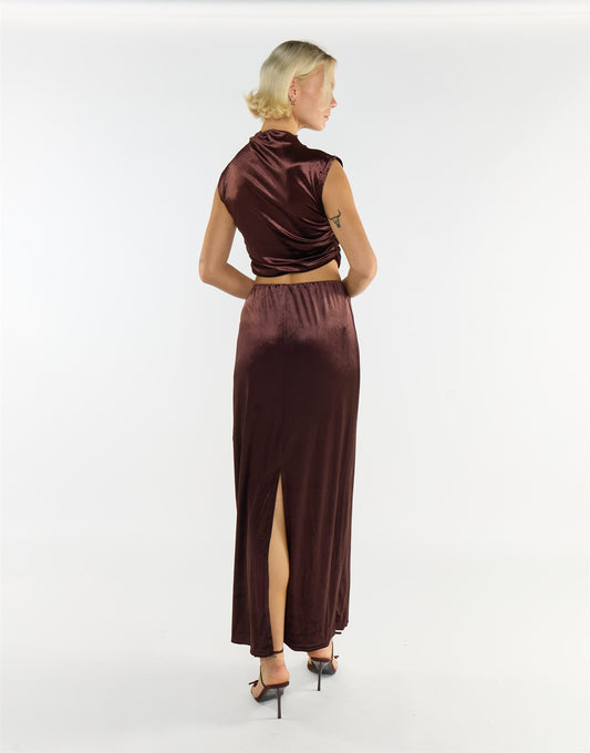 Brown Velvet Mid-Rise Maxi Skirt