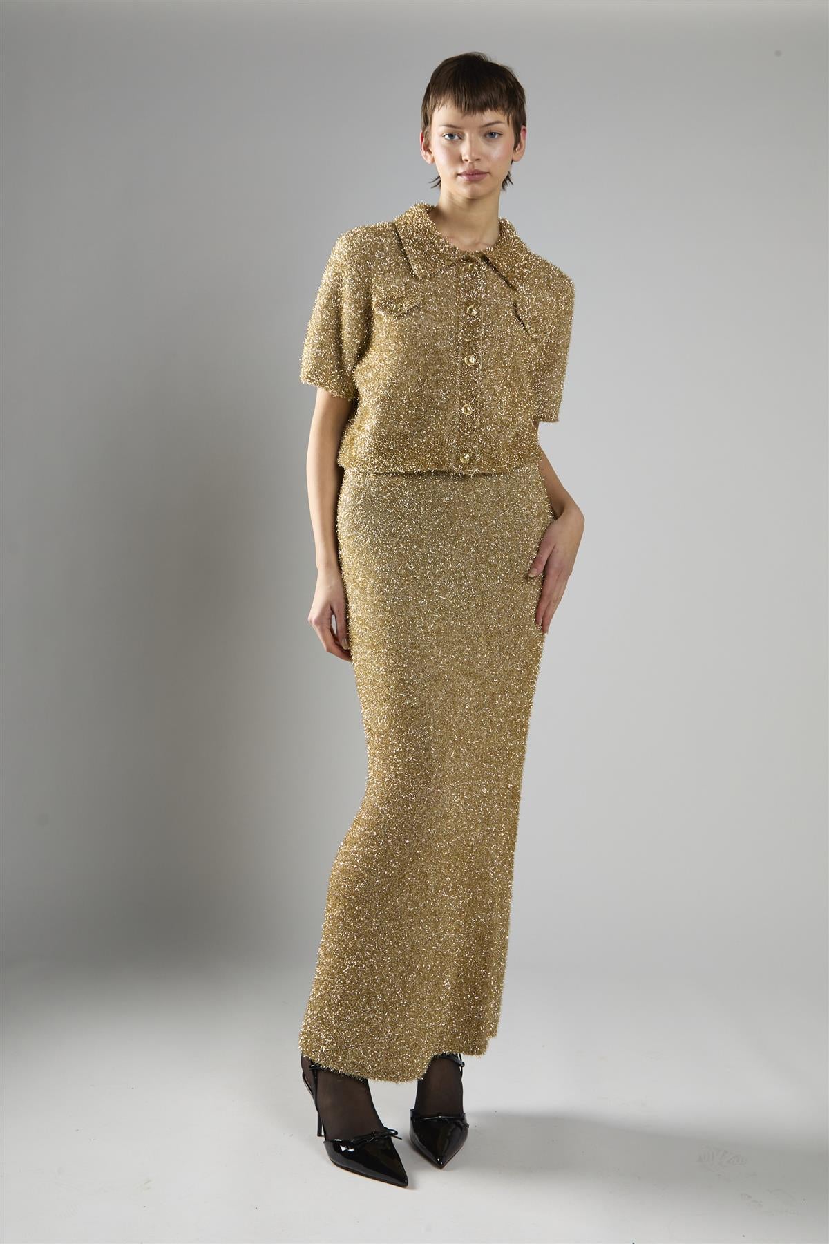 Gold Tinsel High Waisted Maxi Skirt