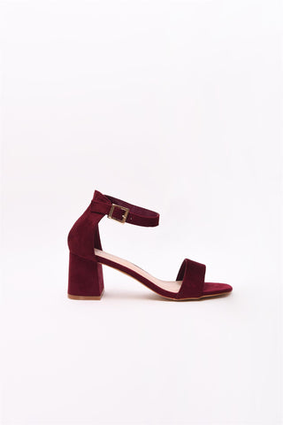 Burgundy Block Heel Gold Buckle Sandals