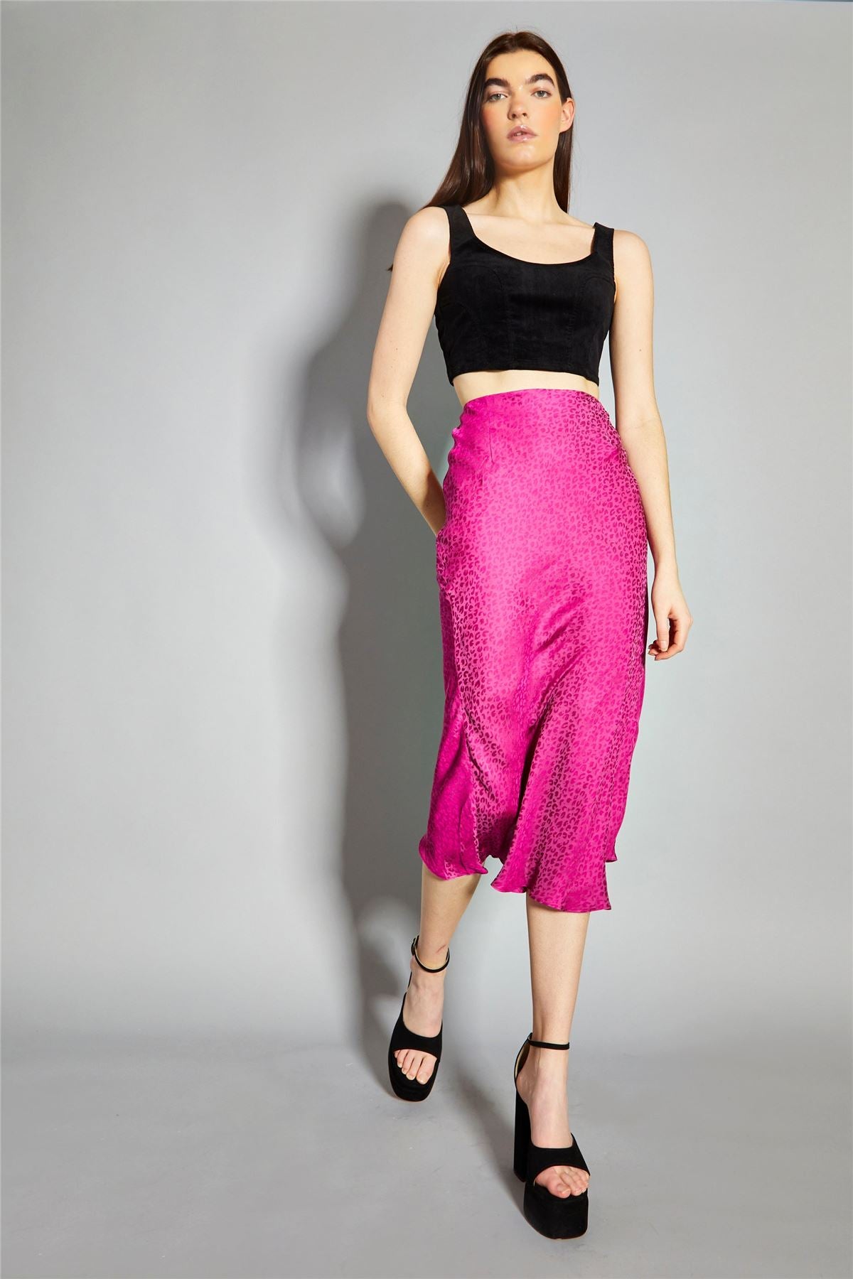 Deep-Orchid Leopard Bias-Cut Midi-Skirt