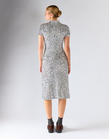 Silver Sequin Short-Sleeves High-Neck Midi Dress