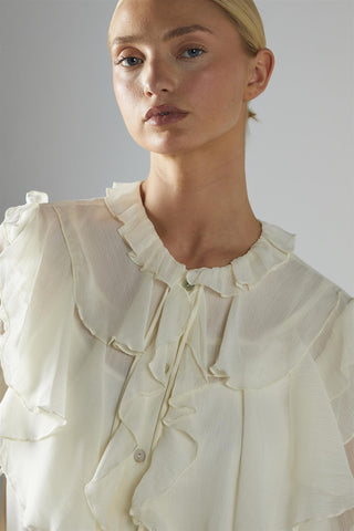 Cream Button-Front-Ruffle Blouse