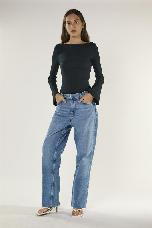 Mid Blue High Rise Straight-Leg Denim Jeans