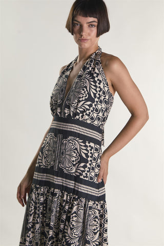 Scarf Border Print Halter Maxi Dress