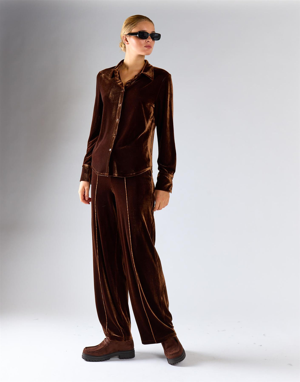 Brown Velvet Pull On Wide-Leg Trousers
