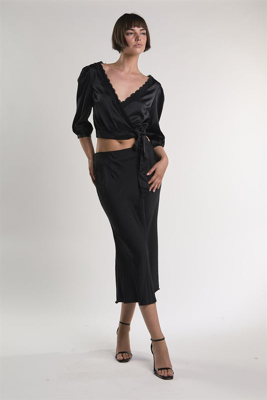 Black Satin-Crossover-Tie Crop-Top