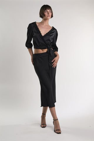 Black Satin-Crossover-Tie Crop-Top