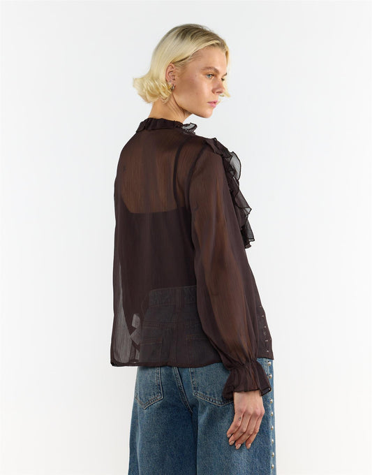 Button Front Ruffle  Blouse - Deep Brown
