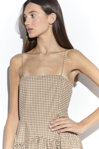 Taupe Gingham Dropped Waist Cami Midi Dress