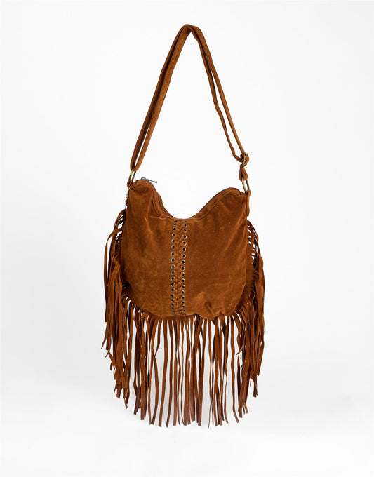 Tan Fringe Whipstitch Hobo Bag