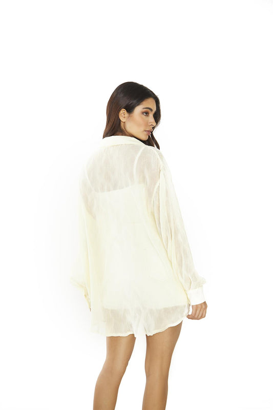 Pale-Lemon-Plisse Collared Long Sleeve-Top