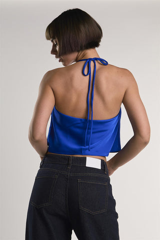 Royal-Blue-Sateen Halter Crop-Top