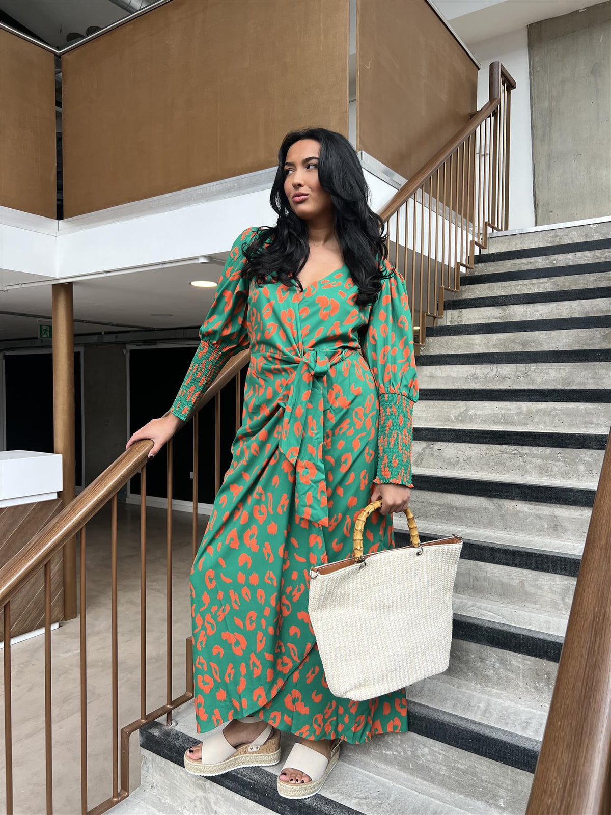 Green-Orange Leopard Wrap Midi-Dress Green-Orange Leopard Wrap Midi-Dress