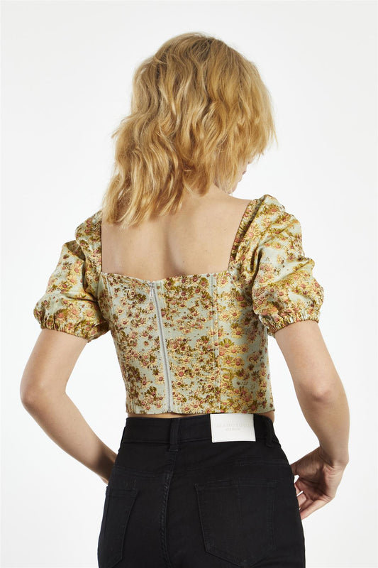 Sunflower-Brocade Square-Neck Corset-Top