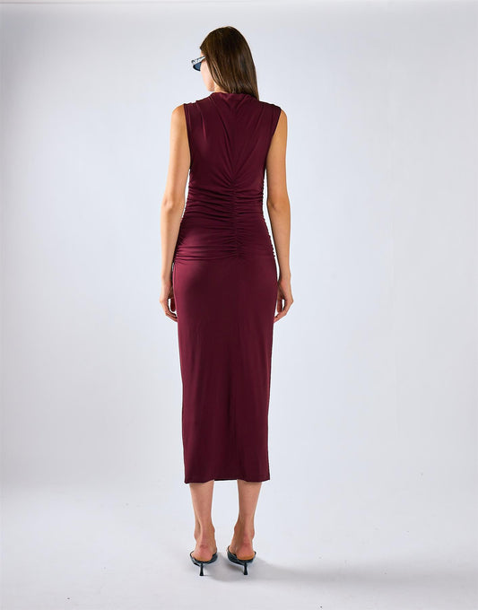 Burgundy Sleeveless High-Neck Ruched Midi Bodycon Dress