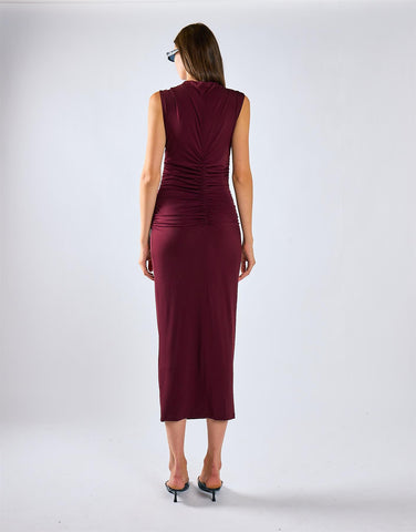Burgundy Sleeveless High-Neck Ruched Midi Bodycon Dress