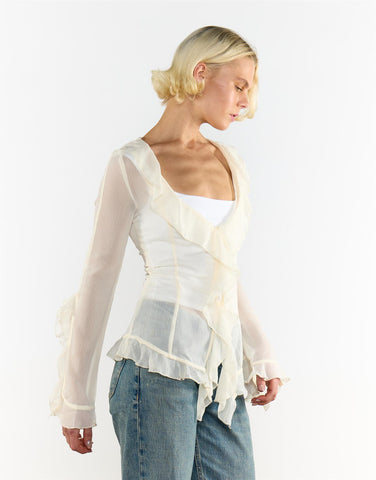 V Neck Sheer Frill Blouse in Cream