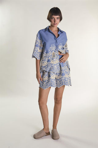 Embroidered Chambray High Rise Lined Shorts