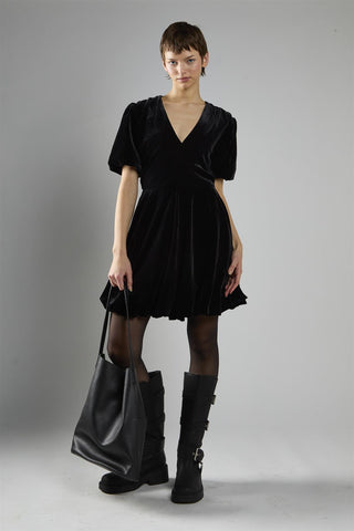 Black Velvet Short Sleeve Skater Mini Dress