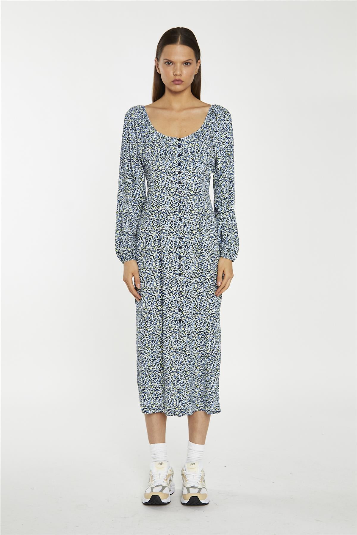 Scoop Neck Midaxi Dress - Blue Lime Ditsy