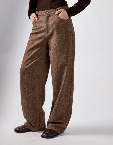 Brown Herringbone Wide Leg Suit Trousers