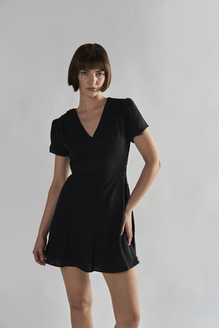 Black V-Neck Short Sleeve Mini Dress